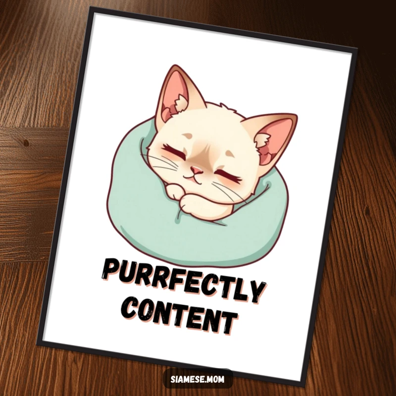 Funny Kawaii Siamese Cat Digital Art Purring Contentedly Nestled Cozy Blanket, Humorous Instant Download