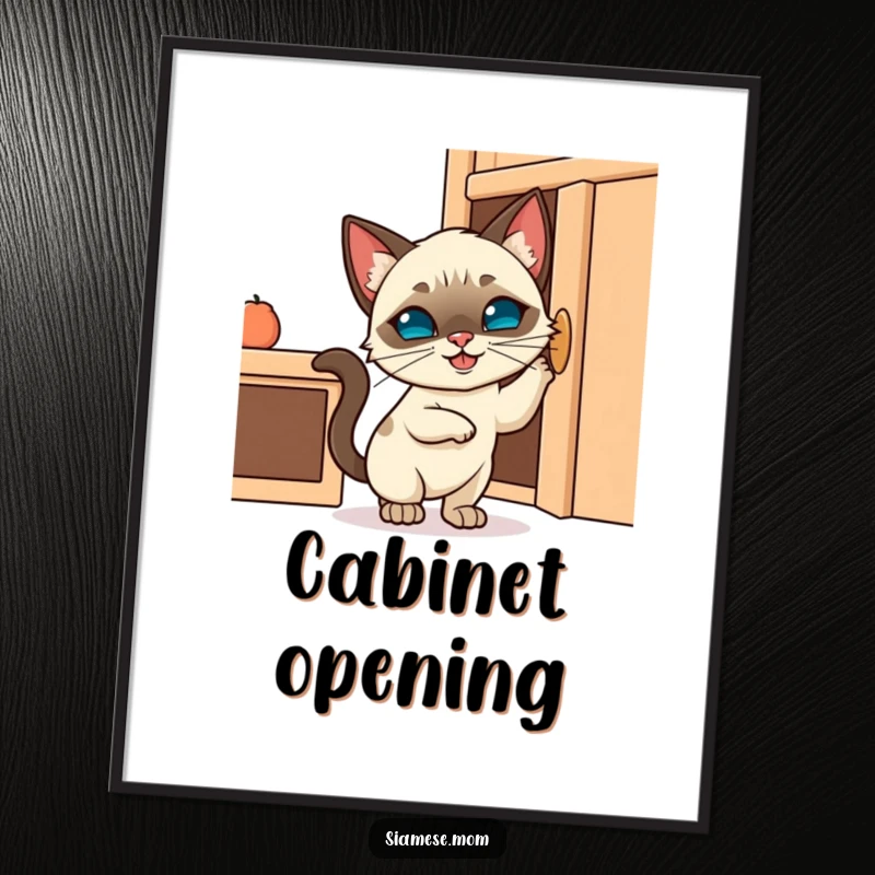 Funny digital art print of a mischievous Kawaii Siamese cat trying to open a cabinet, perfect for instant download and playful decor.