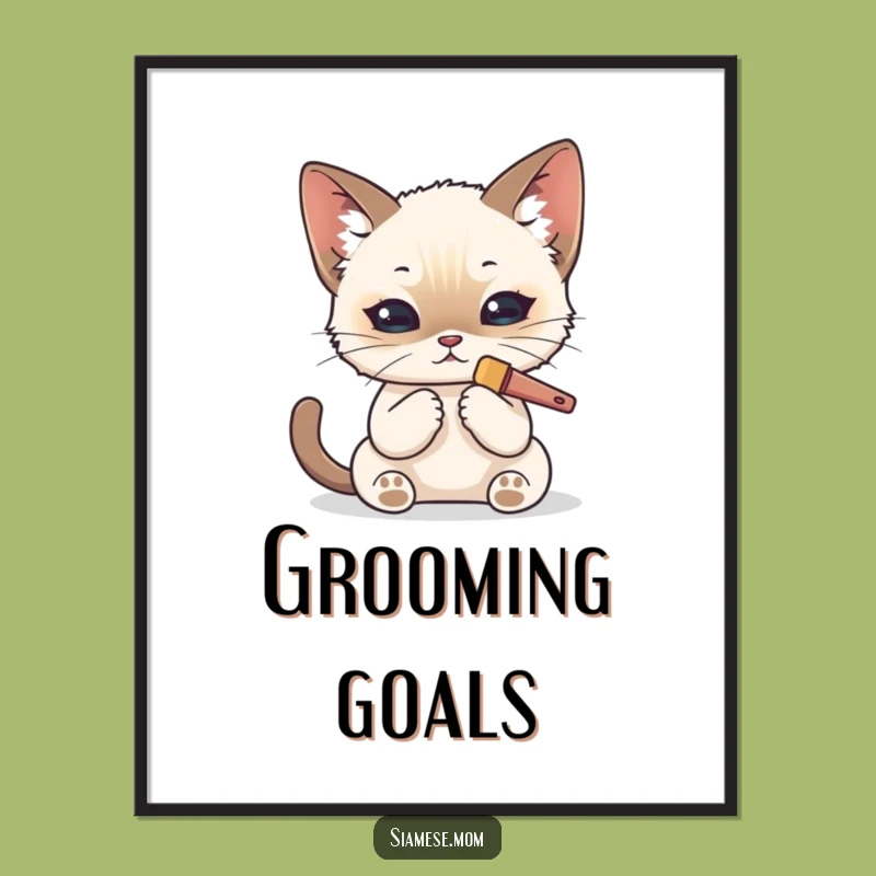 Funny Kawaii Siamese Cat Digital Art: Meticulous Grooming - Instant Gift