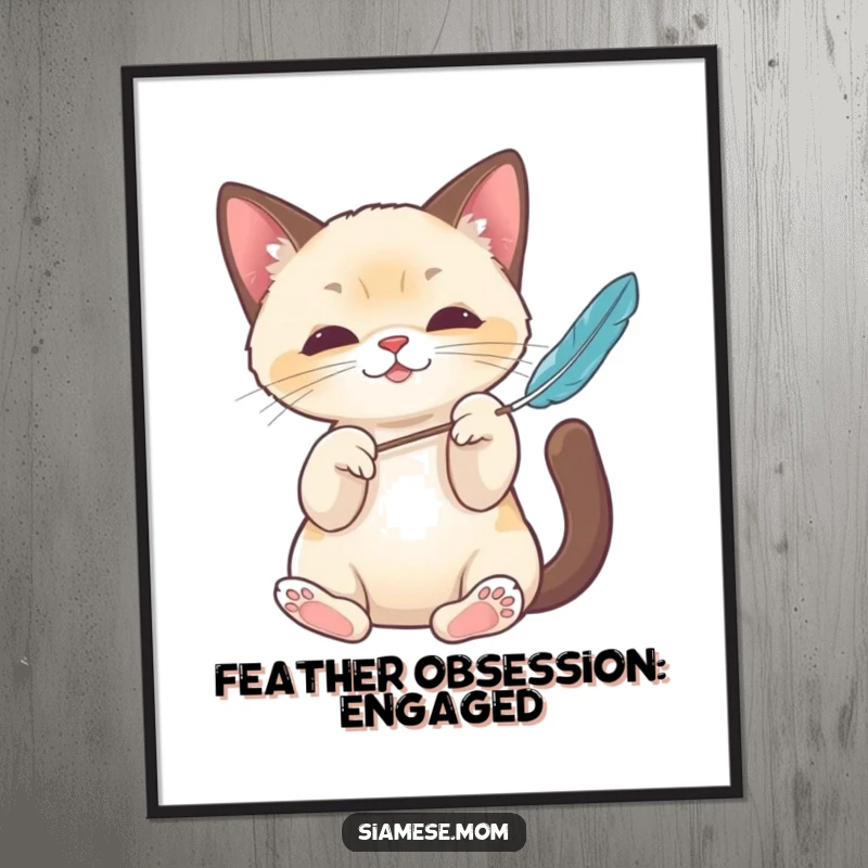 Funny Kawaii Siamese cat digital art print showing elegant paws playfully batting a feather toy, a humorous and charming piece for immediate decor.