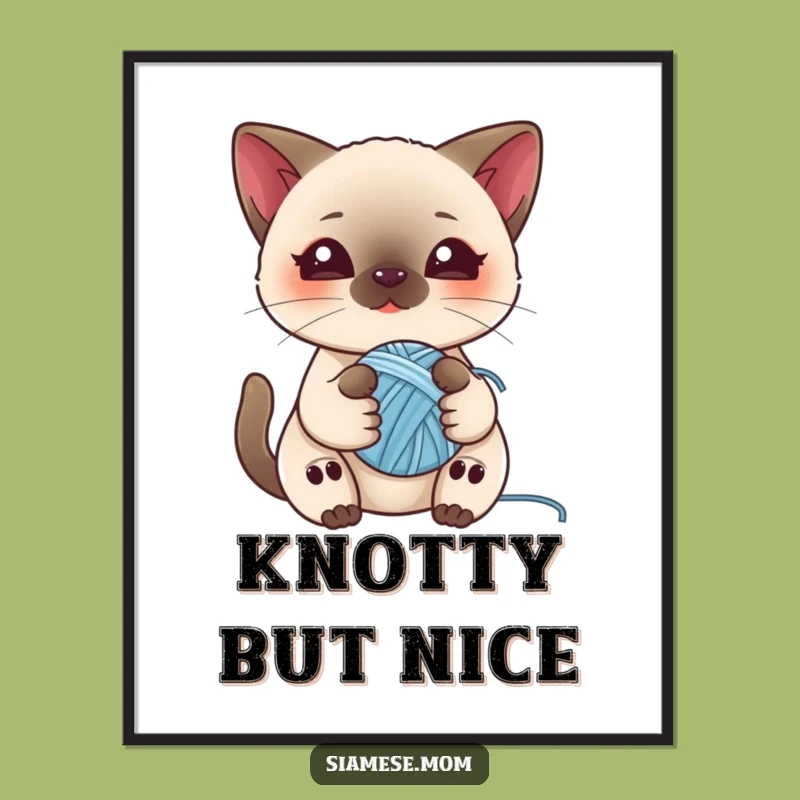 Funny Kawaii Siamese Cat Digital Art - Yarn Ball Kitty Print