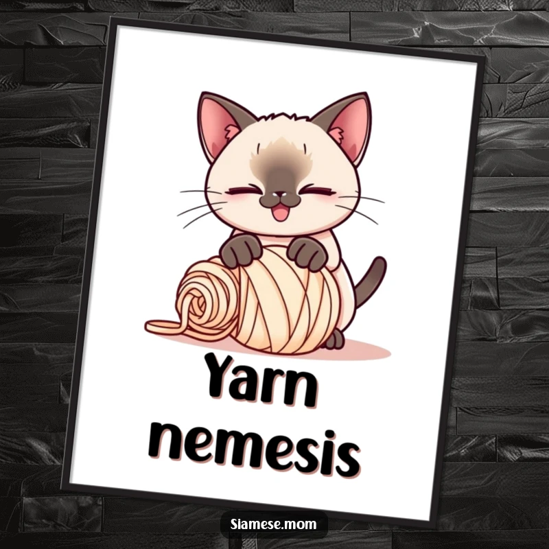 Funny Kawaii Siamese cat digital art print, playful smirk, pouncing on a rolled-up ball of yarn, a humorous and captivating artwork.