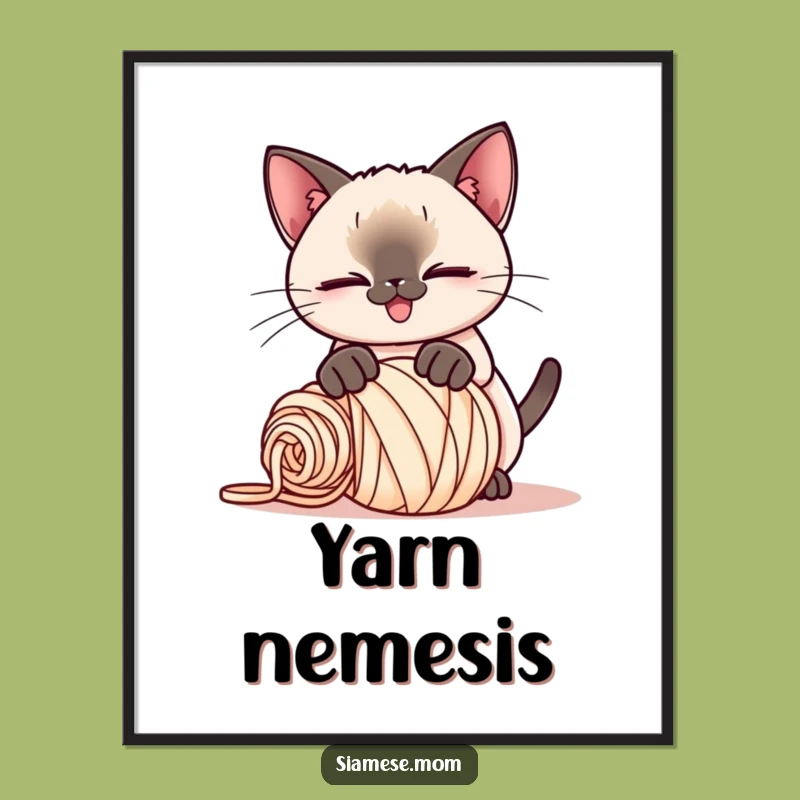 Funny Kawaii Siamese Cat Digital Art: Yarn Pounce Download, Instant Funny Gift!