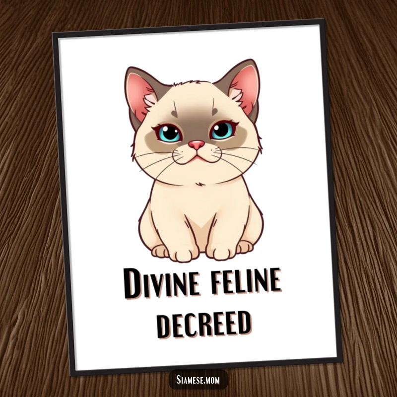 Funny Kawaii Siamese cat digital art print of a pampered, smug cat, adding luxurious and humorous flair to decor.