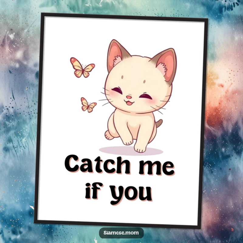 Funny Siamese Cat Butterfly Digital Art Print: High-resolution art of a playful cat chasing a sparkling butterfly, for instant decor.