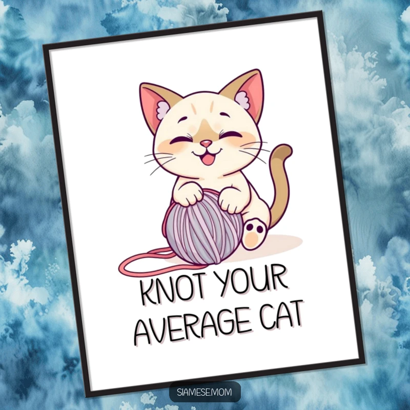 Funny Siamese Cat Digital Art Print: High-resolution art of a stylized, smiling cat playing with a rolling ball of yarn.