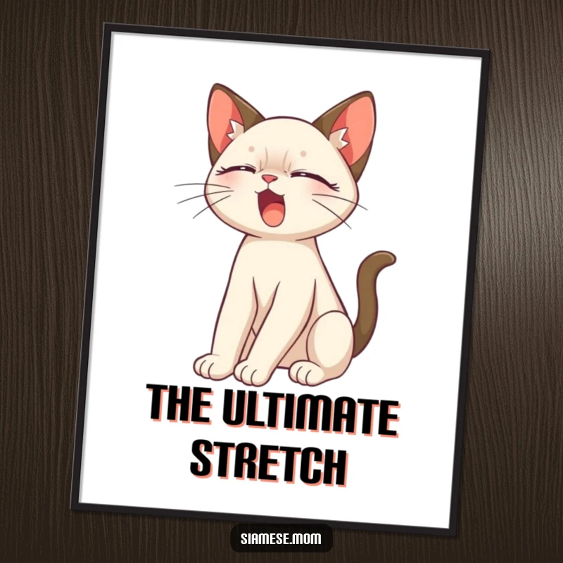 Funny Siamese Cat Stretch Digital Art Print showing a cute Siamese cat stretching, perfect for cat-themed decor.