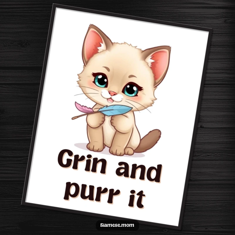 Funny Siamese Kitten Digital Art Print of a kawaii cat with a mischievous grin holding a feather, perfect for playful & instant wall decor.