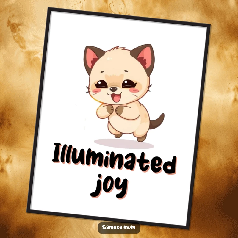 Funny Siamese cub giggling while chasing a shimmering beam of light, a joyful and humorous digital art print for walls.