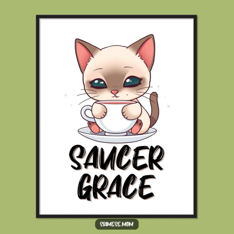Kawaii Siamese Sipping Cat Digital Art - Elegant Feline Decor, Instant Gift