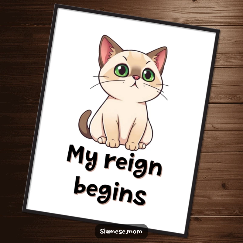 Funny Digital Art Print of a kawaii Siamese cat with a regal air, perfect for wall decor, bringing majestic humor and feline charm.