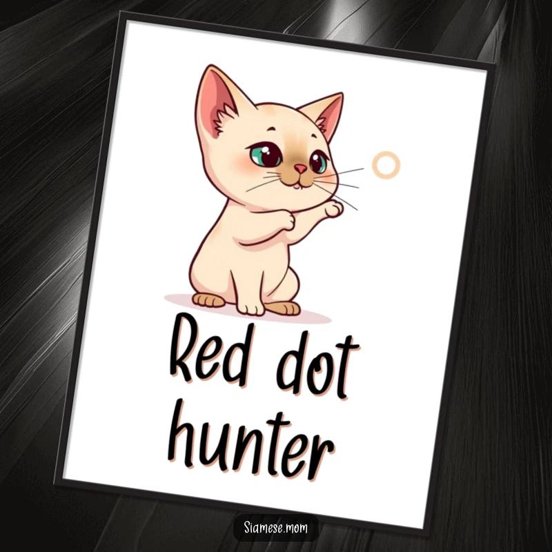 Funny Siamese Cat Digital Art, cat batting at a projected laser dot, energetic and funny instant gift.