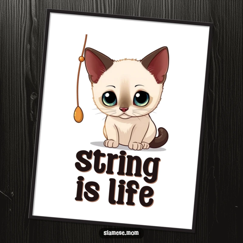 Funny Siamese Cat Digital Art Print: High-resolution art of a curious cat batting at a string, great for instant wall decor.