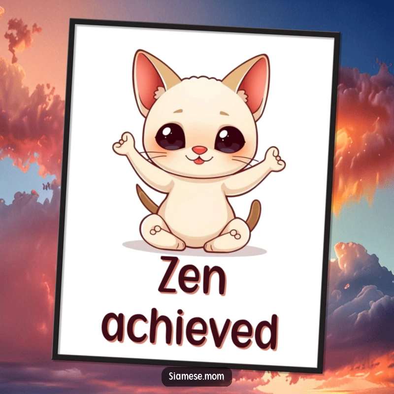 Funny Digital Art Print of a kawaii Siamese cat in a yoga pose, perfect for wall decor, bringing peace, humor, and charm.