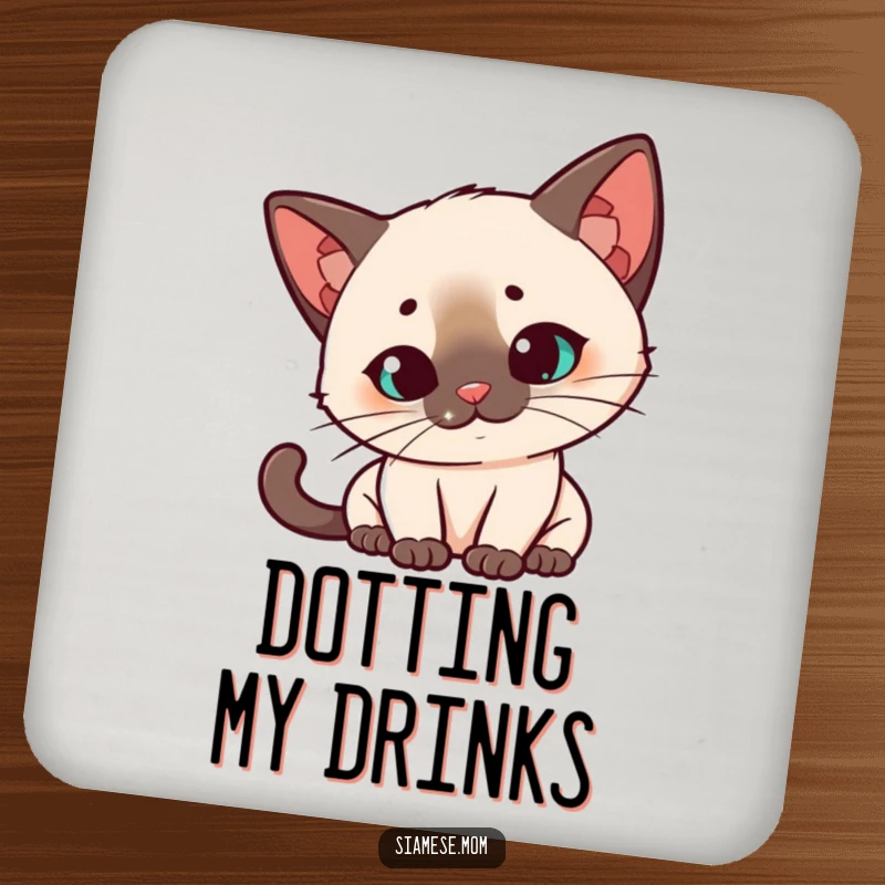 Funny Kawaii Siamese cat coasters, quizzical head tilt, intensely watching a red laser dot, protecting surfaces with feline focus and humor.