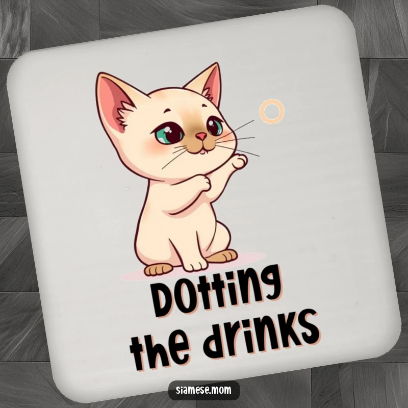 Funny Siamese Cat Coasters, cat batting at a projected laser dot, playful and protective funny gift.