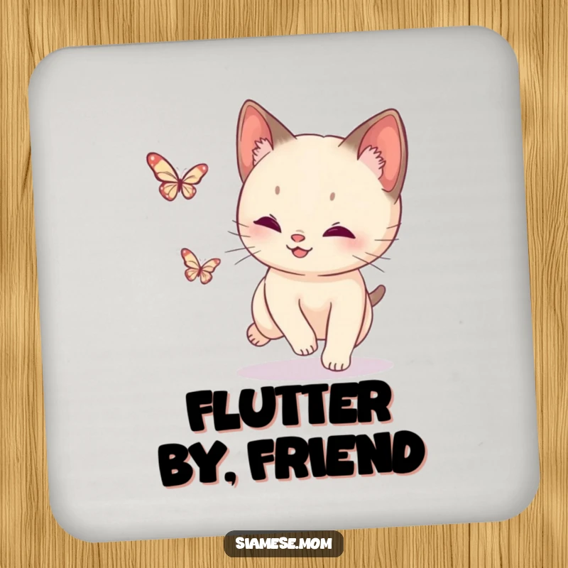 Funny Siamese Cat Butterfly Coasters: Set of 4 depicting a playful cat chasing a butterfly, adding humor to table settings.