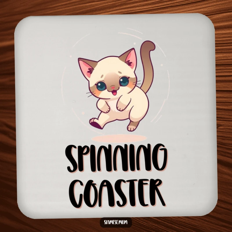 Funny drink coaster featuring a kawaii Siamese cat chasing its tail in a dizzy circle, adding playful humor.