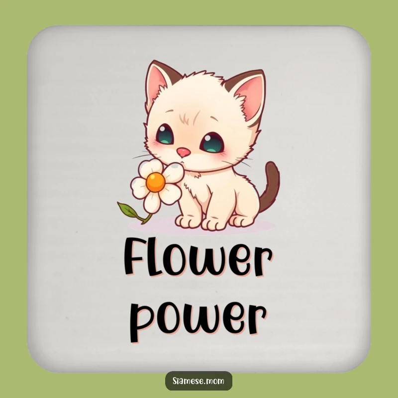 Funny Drink Coaster: Kawaii Siamese Kitten's Floral Protection