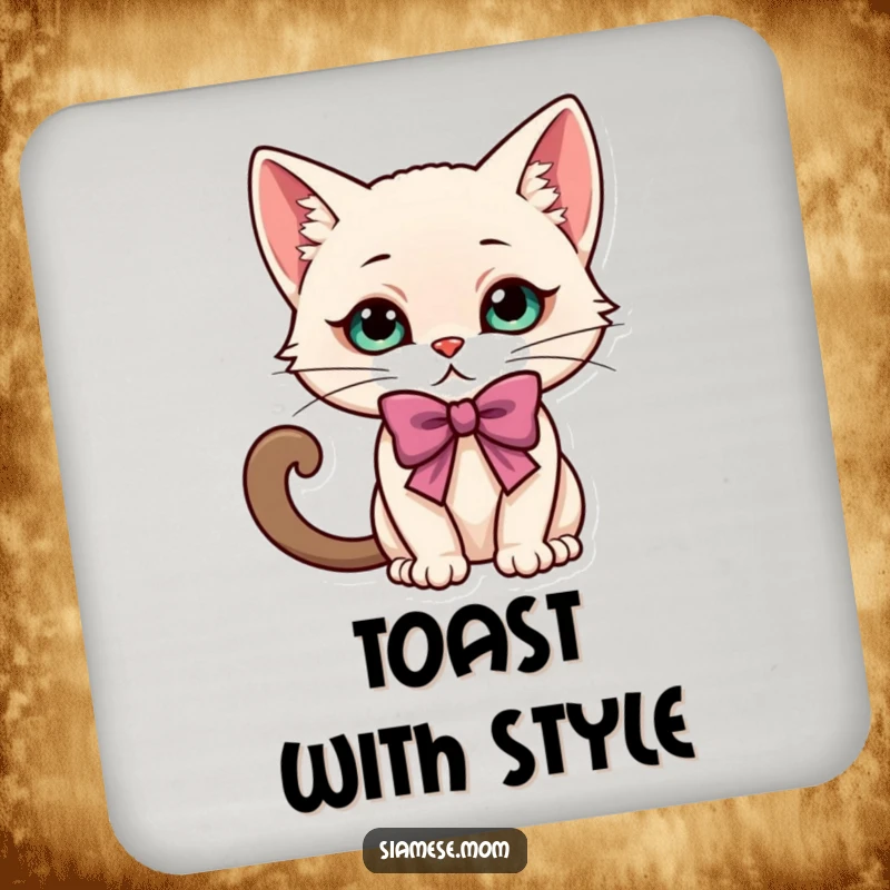 Funny kawaii Siamese cat character in an elegant, playful bow, featured on a protective and decorative drink coaster.