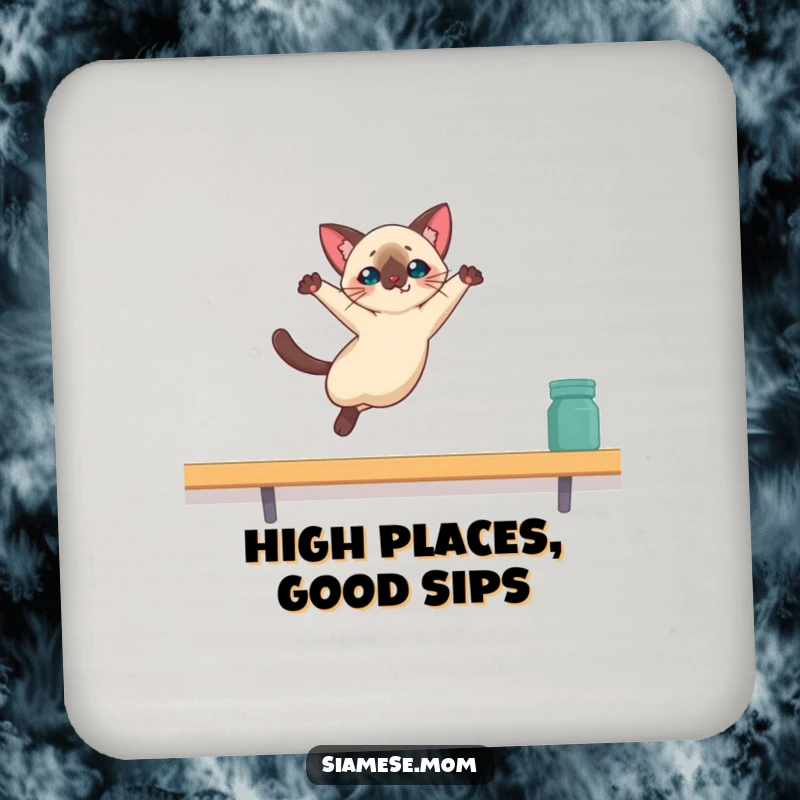 Funny Kawaii Siamese cat coaster showing a cat leaping to a high shelf, a humorous coaster for cat lovers.