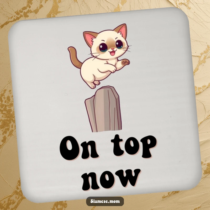 Funny Kawaii Siamese cat drink coasters featuring a cat leaping gracefully onto a high perch, protecting furniture.
