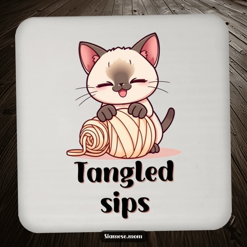 Funny Kawaii Siamese cat coasters, playful smirk, pouncing on a rolled-up ball of yarn, protecting surfaces with feline mischief.