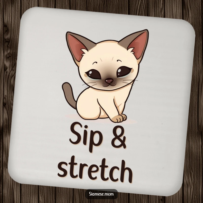 Funny Kawaii Siamese cat coasters, elegantly stretching and arching its back with grace, a humorous yet stylish surface protector.