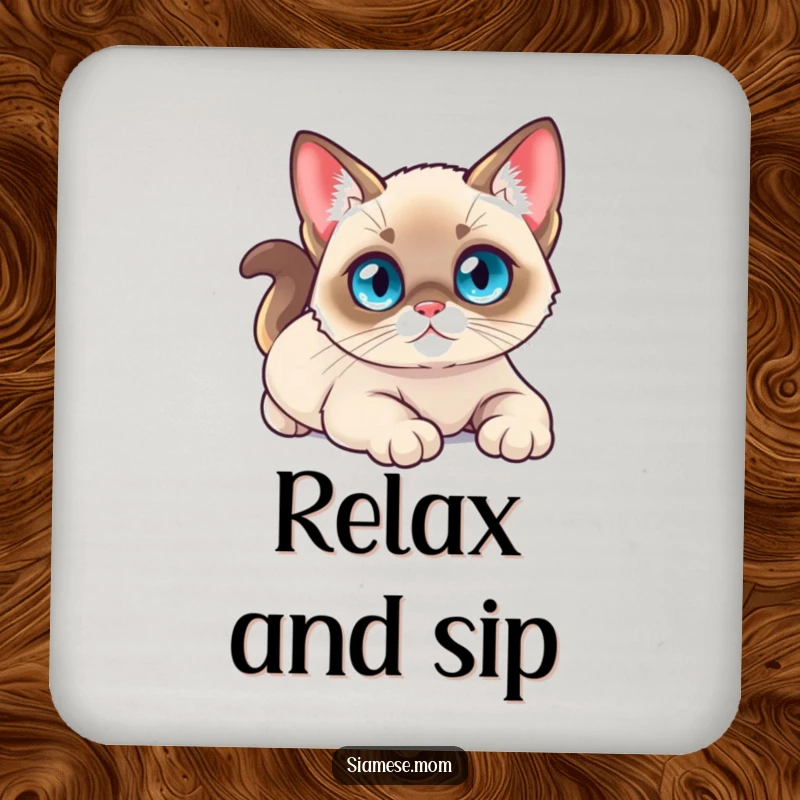 Funny drink coaster featuring a small kawaii Siamese cat with bright blue eyes, stretching luxuriously, adding calm humor.