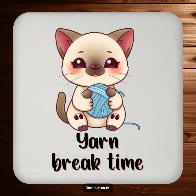 Funny drink coasters showcasing a kawaii Siamese cat playing with a ball of yarn, perfect for protecting furniture with cute cat charm.