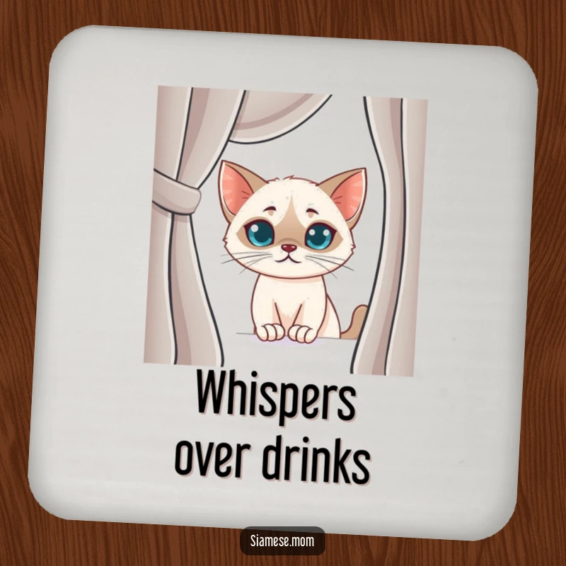 Funny Siamese Cat Coasters: Set of coasters featuring a kawaii cat with a mischievous smirk peeking, offering humorous protection.