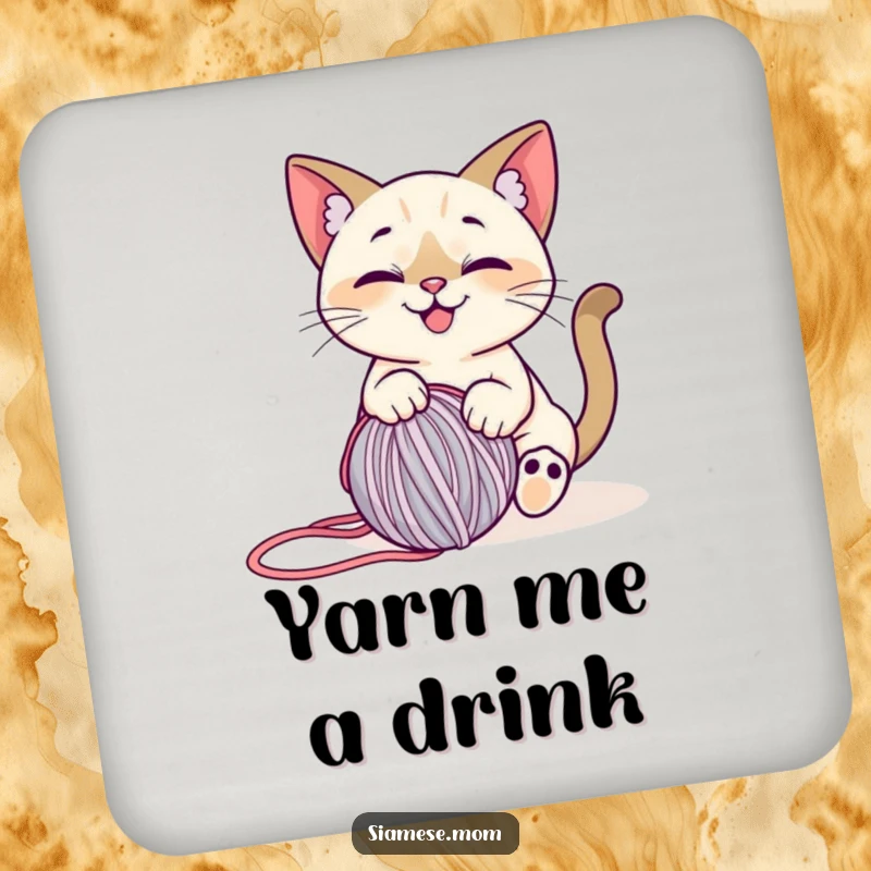 Funny Siamese Cat Coasters: Set of 4 depicting a smiling cat playing with a ball of yarn, adding charm to tables.