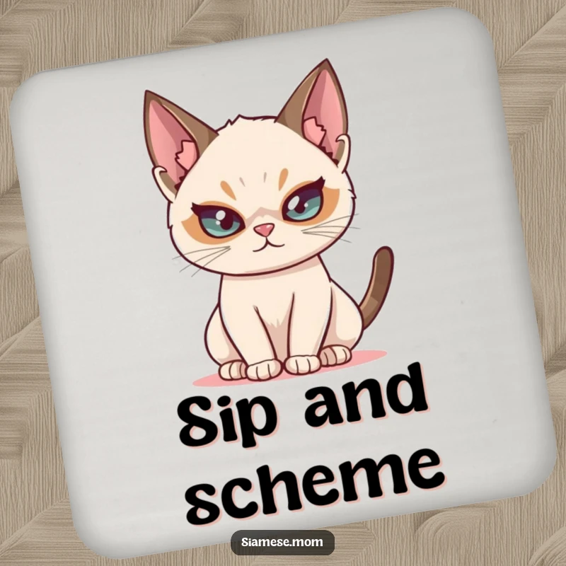 Funny Siamese cat coaster, depicting a mischievous cat with a twinkle, perfect for protecting furniture with style.