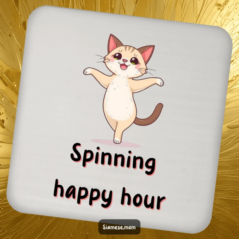 Funny cute Siamese cat character performing a joyful, ballet-like pirouette, on a protective and decorative drink coaster.