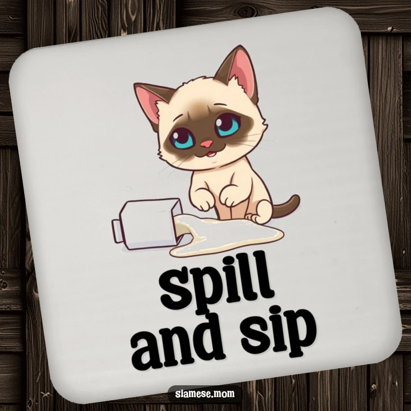 Funny Siamese cat drink coasters, looking smugly at a spilled milk carton, adding feline mischief, a wonderful funny gift.