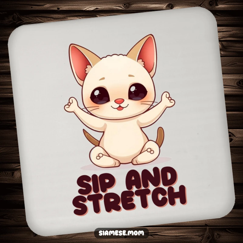 Funny Drink Coaster with a kawaii Siamese cat in a yoga pose, protecting surfaces with peace, balance, and charming feline humor.