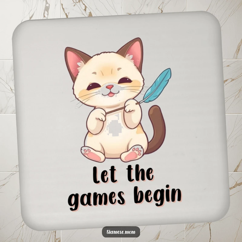 Funny Kawaii Siamese cat drink coasters with elegant paws batting a feather toy, protecting surfaces with a humorous feline touch.