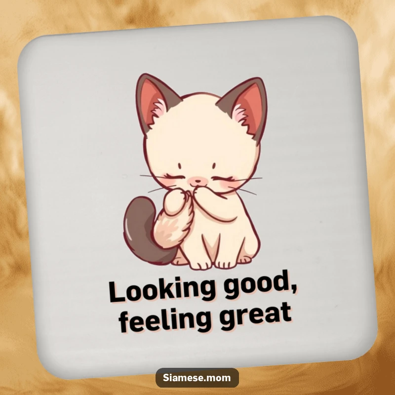 Funny Siamese Kitten Coaster featuring a kawaii cat grooming its fluffy tail, protecting surfaces with adorable charm.