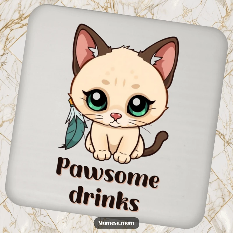 Funny Kawaii Siamese cat coasters, wide-eyed and curious, batting at a dangling feather, protecting surfaces with feline charm and humor.