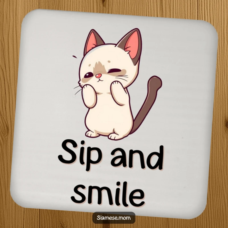 Funny drink coasters showcasing a kawaii Siamese cat in a playful greeting, perfect for protecting furniture with cute cat charm.