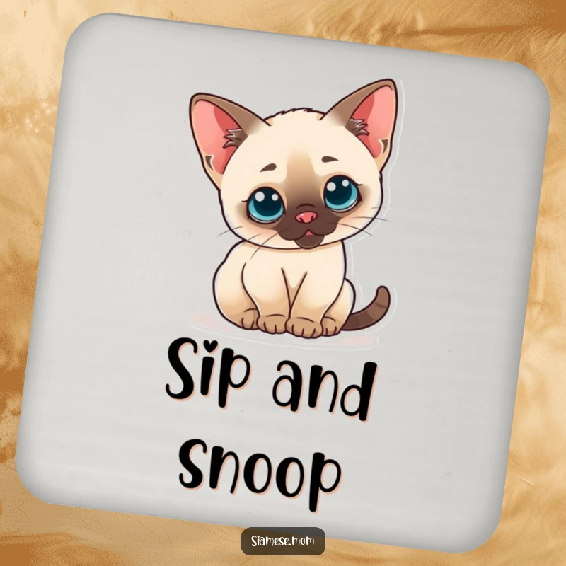 Funny drink coaster featuring a curious kawaii Siamese cat arching its back with perked ears, adding cute humor.