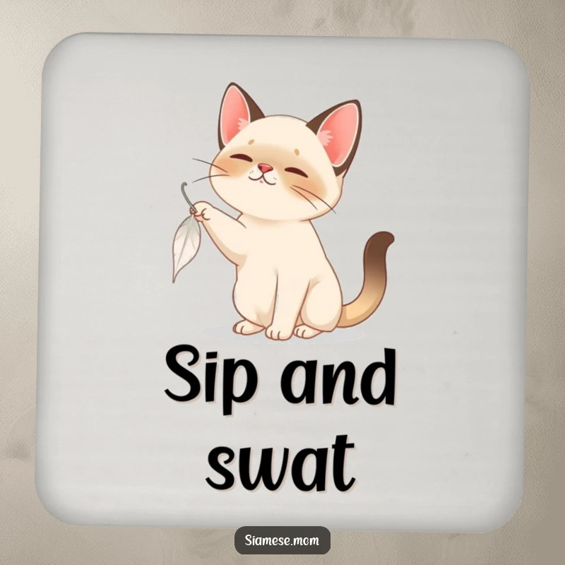 Funny Siamese Cat Coaster: A focused Siamese cat playfully bats at a feather, adding a humorous touch to your drinks.