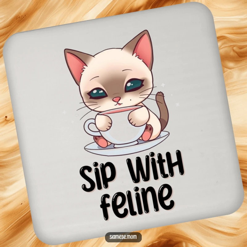 Cute coaster featuring a kawaii Siamese cat delicately sipping from a saucer, a charming feline addition.