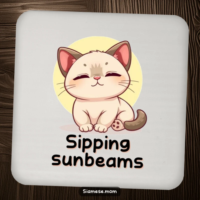 Funny drink coasters featuring a kawaii Siamese cat basking in a sunbeam, adding cute and protective flair.