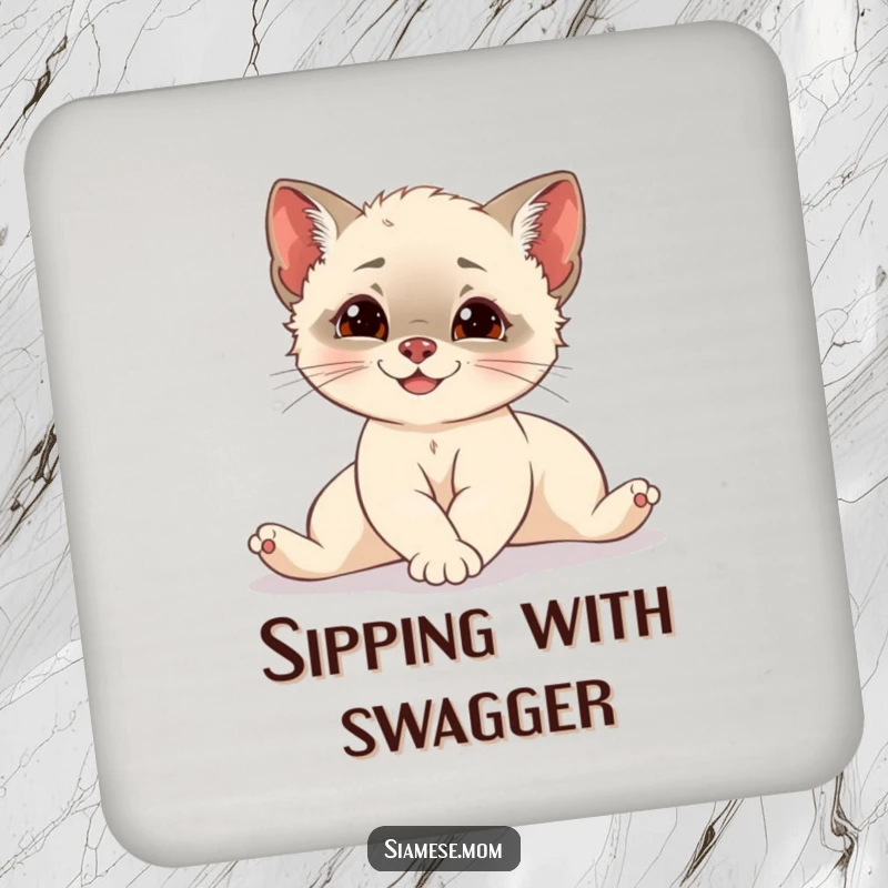 Funny Siamese cub stretching elegantly with a hint of mischief, a stylish and humorous drink coaster for table protection.