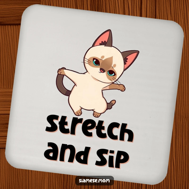 Funny Siamese Cat Coasters: Set of coasters featuring a kawaii cat in an elegant stretch, offering stylish protection with humor.