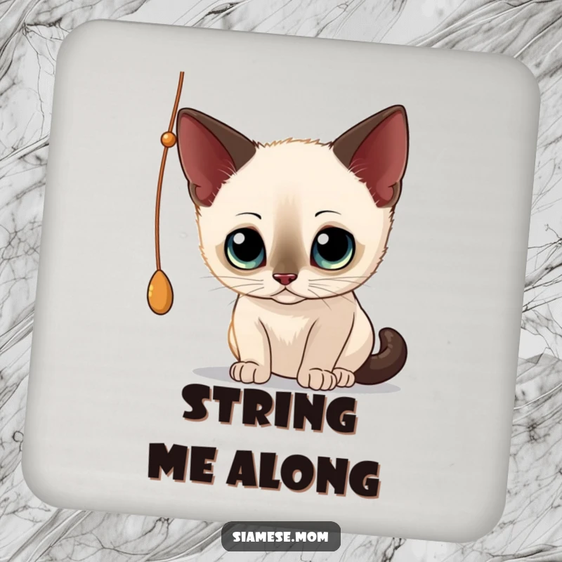 Funny Siamese Cat Coasters: Set of 4 featuring a curious cat batting at a dangling string, adding humor to table settings.