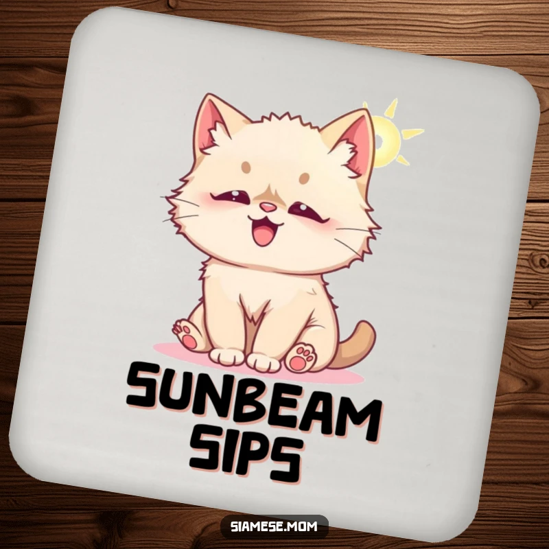 Funny drink coaster featuring a fluffy Kawaii Siamese cat playfully batting at a sunbeam, offering protection with cheerful humor.