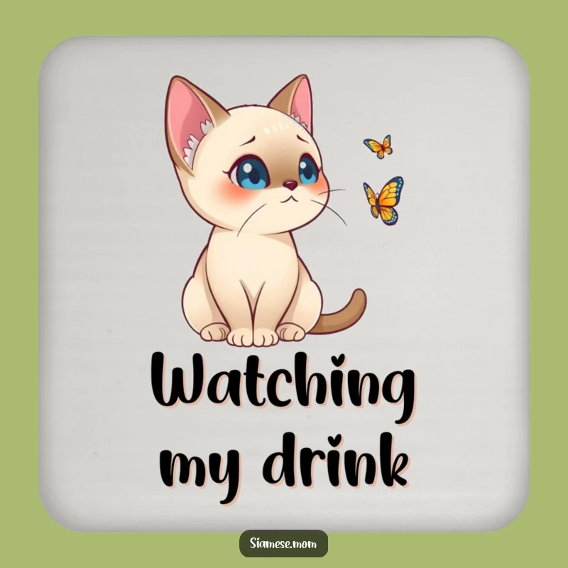 Funny Kawaii Siamese Cat Coaster Set - Alert Butterfly Watcher for Drink Protection