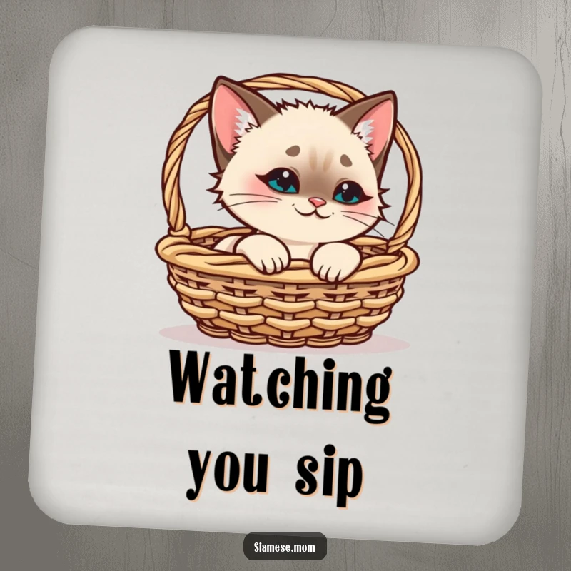 Funny Siamese Cat Coasters, kawaii cat peeking from a basket with a smirk, protects surfaces, great funny gift.